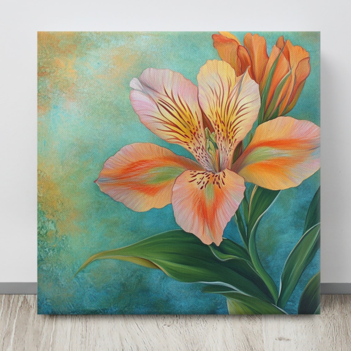 Orange Alstroemeria Peruvian Lily Bloom Turquoise Print Poster - Image 3