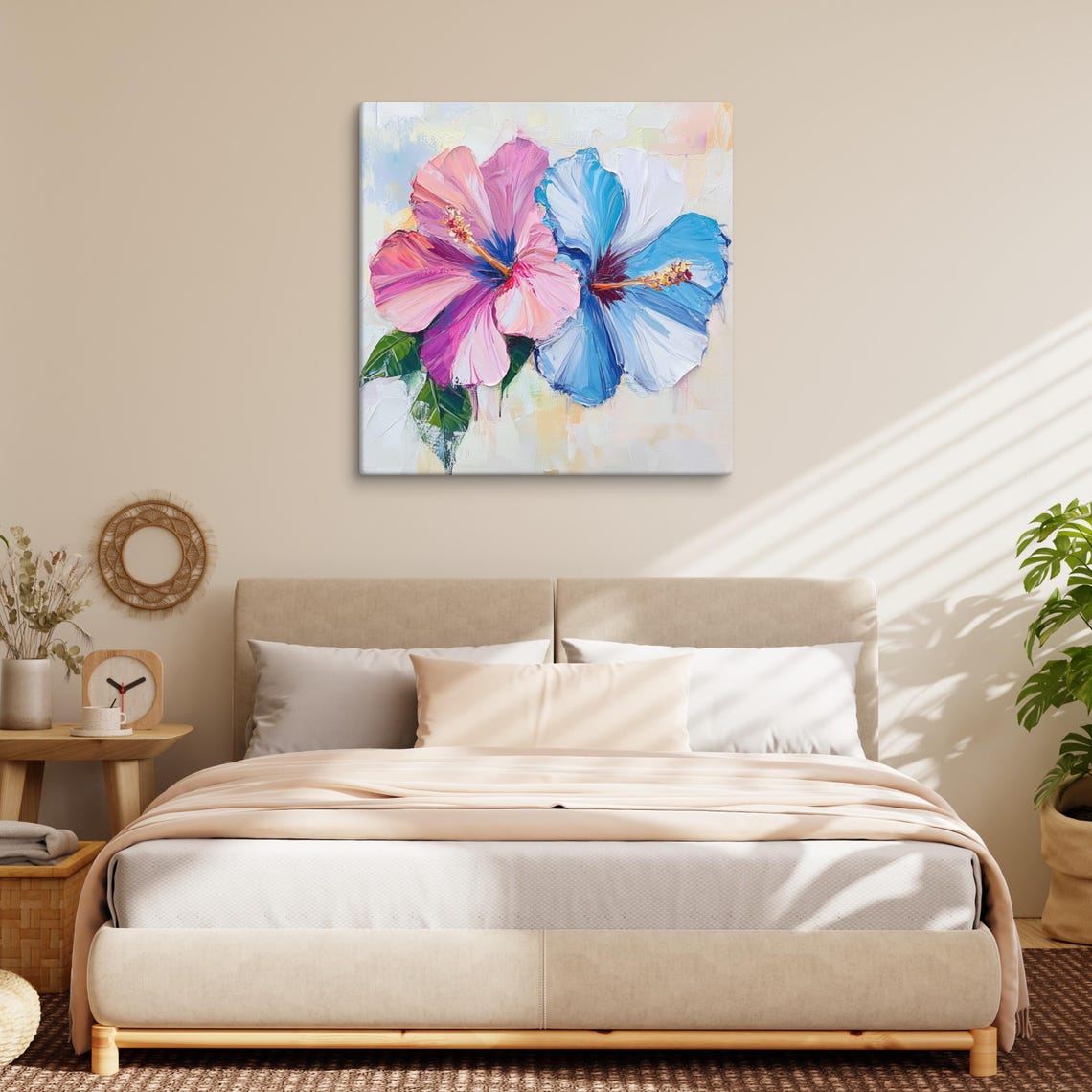 Pink Blue Hibiscus Blooms Impasto Flower Painting Print Poster - Image 2