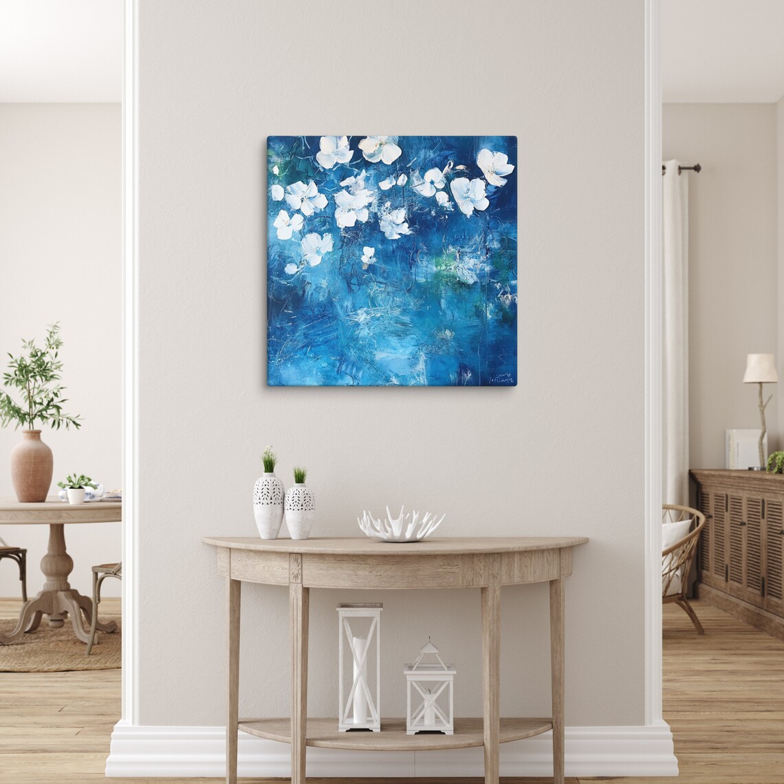 White Blossom Deep Blue Textured Background Coastal Floral Poster - Image 5