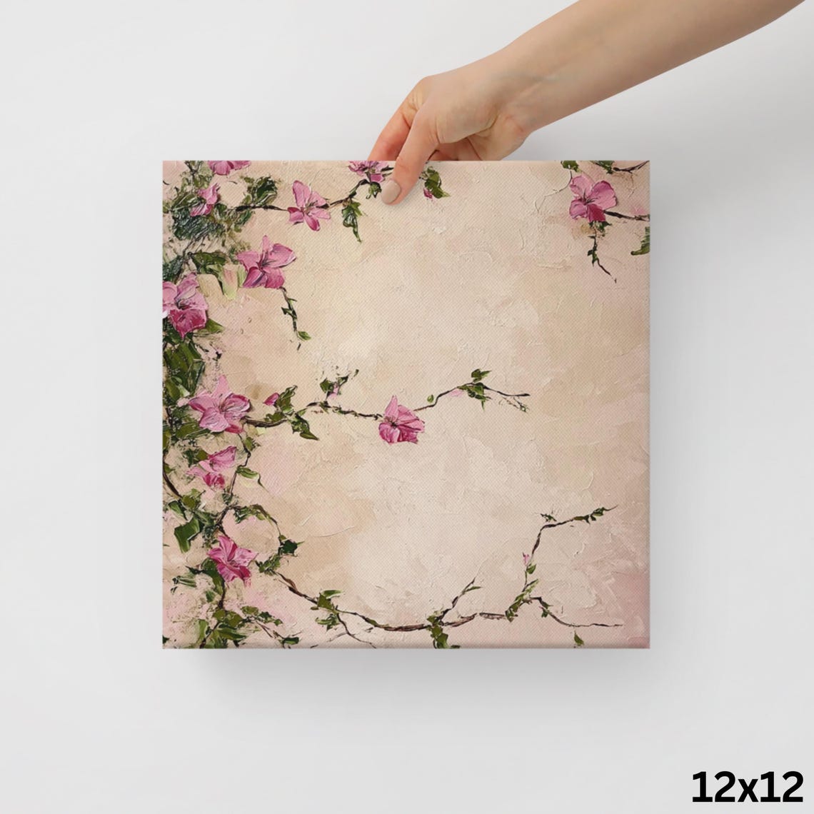 Pink Flowering Vine Branches Textured Beige Botanical Art Poster - Image 2