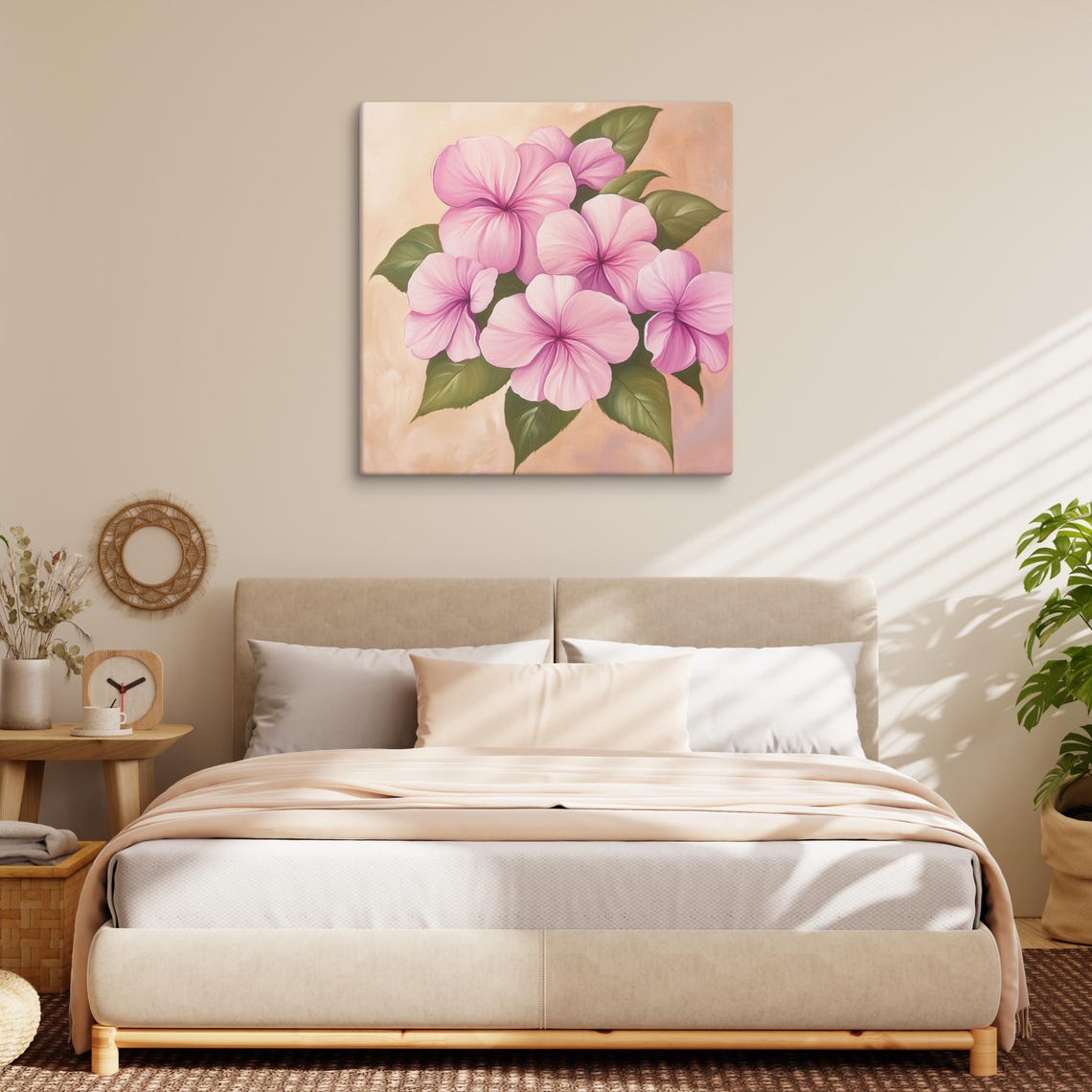 Pink Impatiens Cluster Lush Green Leaves Floral Painting Print - Image 2