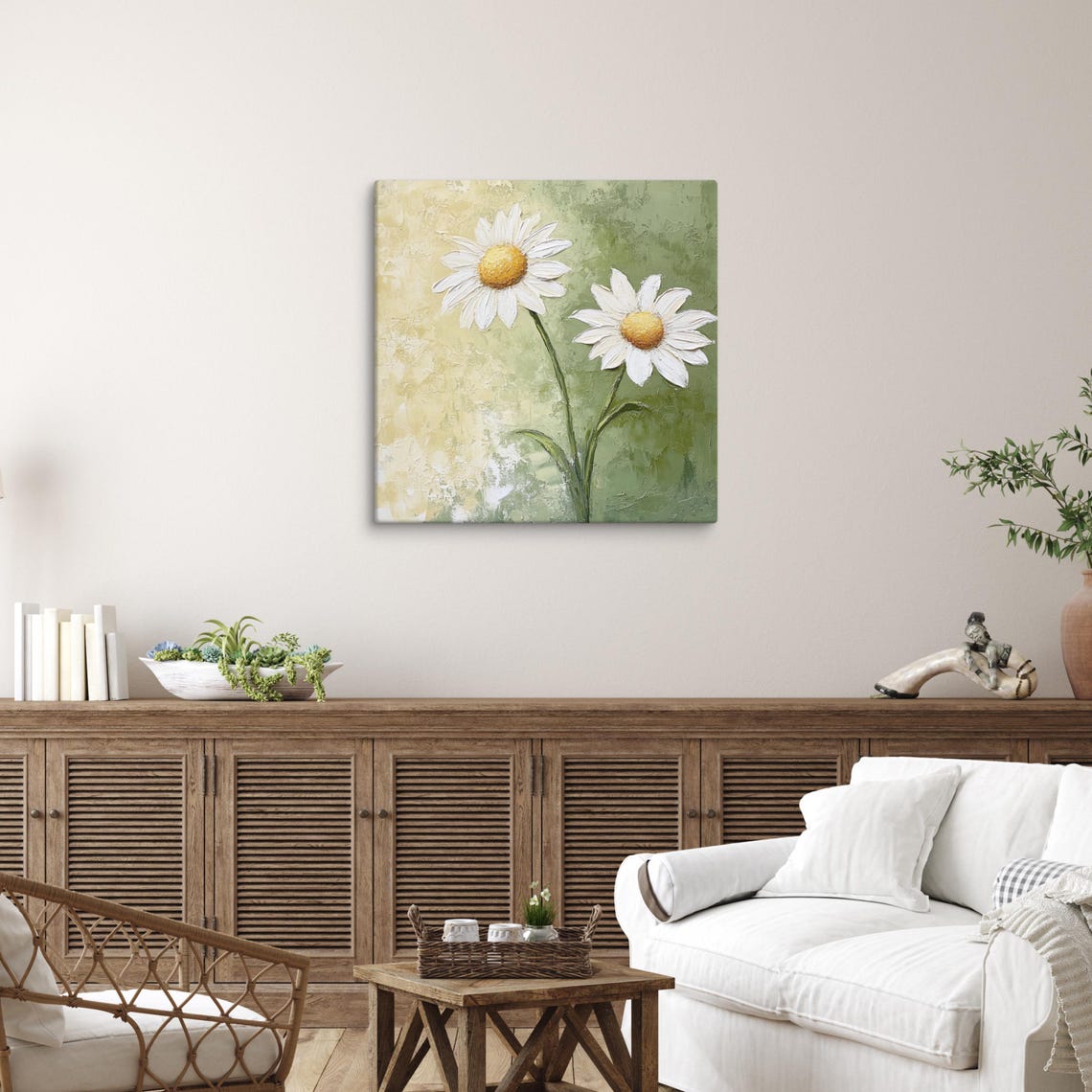 White Daisies Yellow Centers Textured Sage Green Floral Poster - Image 5