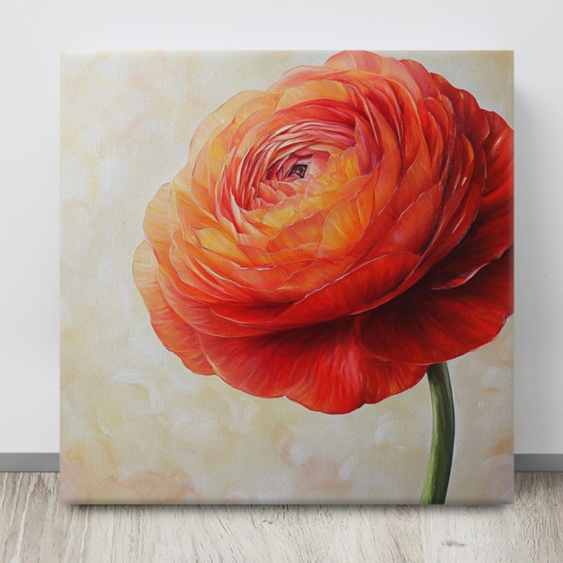 Red Orange Ranunculus Bloom Layered Petals Cream Background Art Poster - Image 4