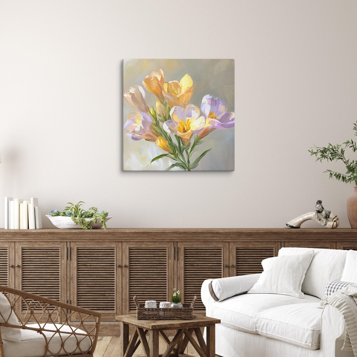 Yellow Purple Freesia Blossoms Soft Oil Painting Floral Art Poster - Image 3