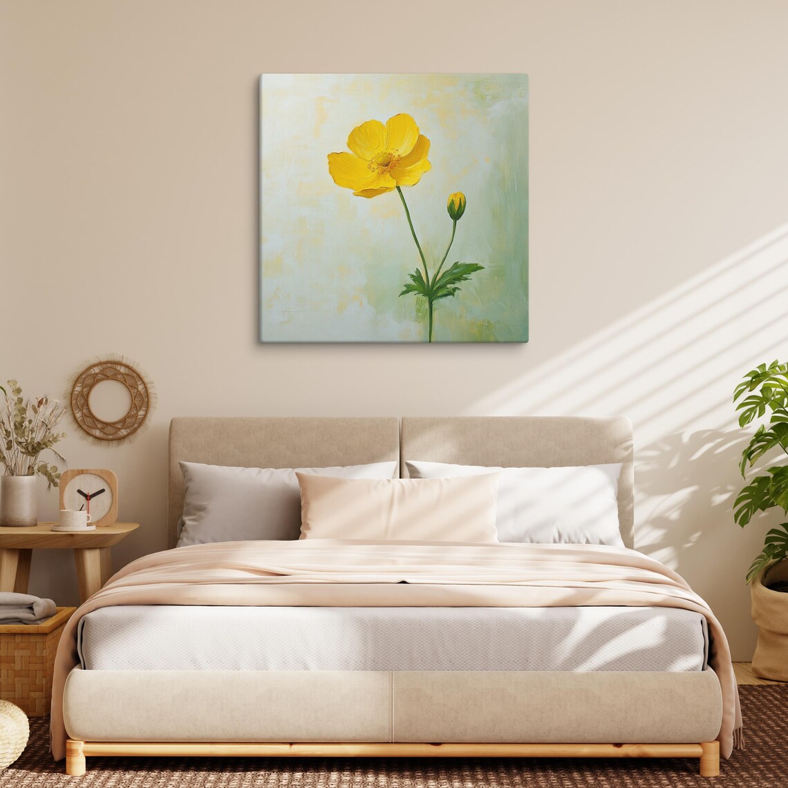Yellow Buttercup Flower Minimalist Pale Green Botanical Wall Art Print - Image 2