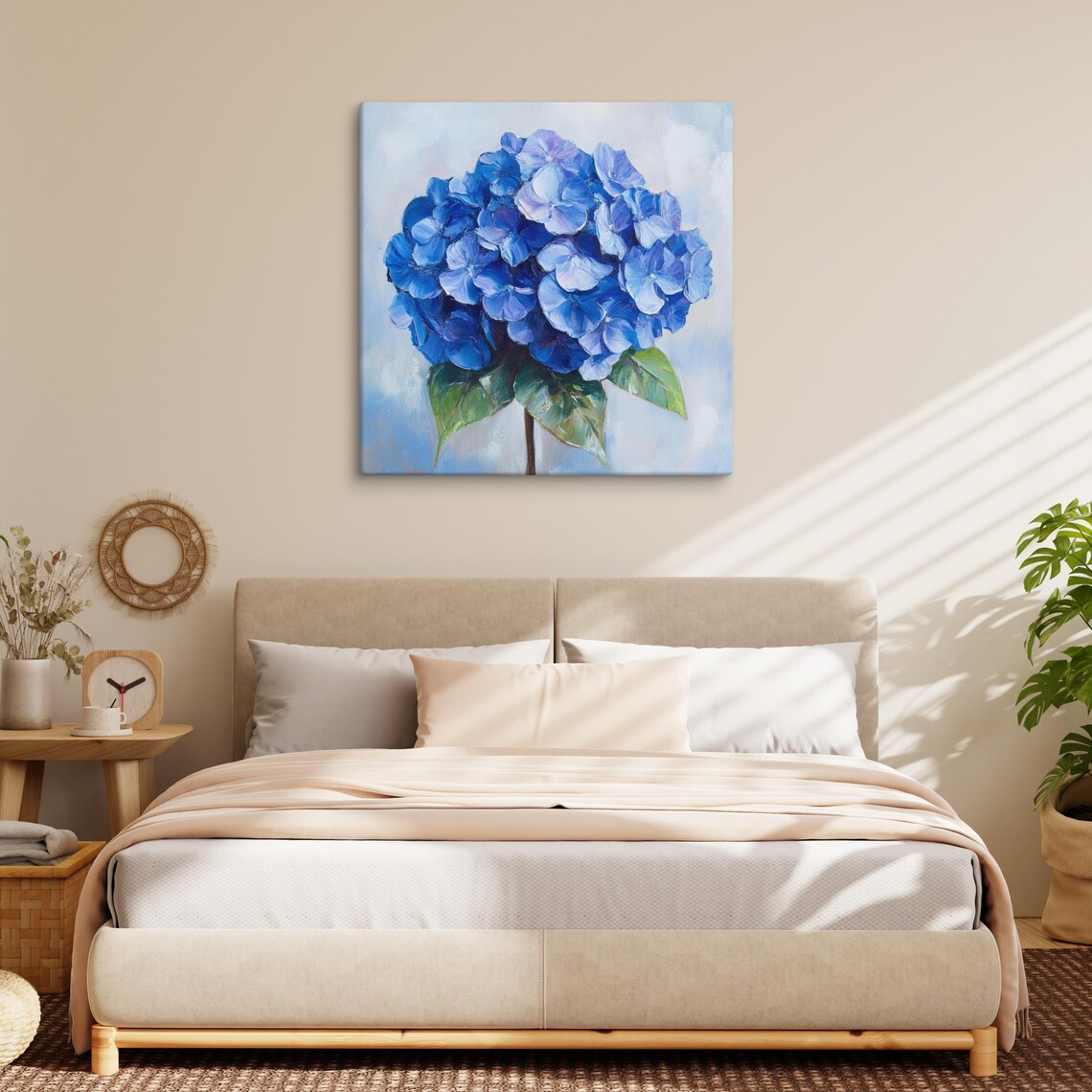 Blue Hydrangea Flower Head Green Leaves Painterly Floral Wall Art - Image 2