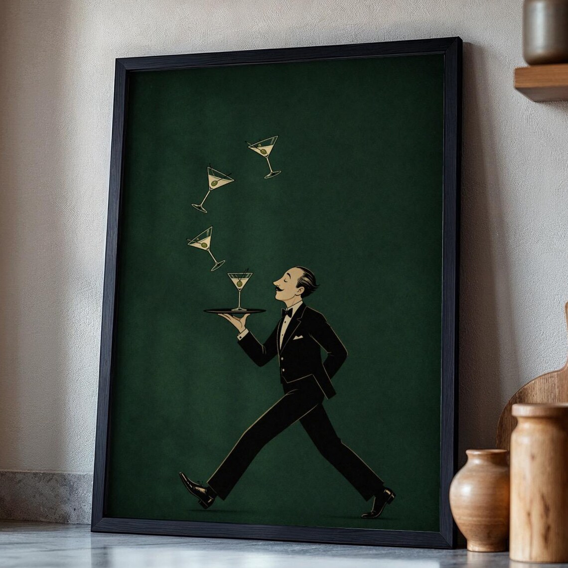 Retro Martini Waiter Art Deco Emerald Green Bar Lounge Wall Art