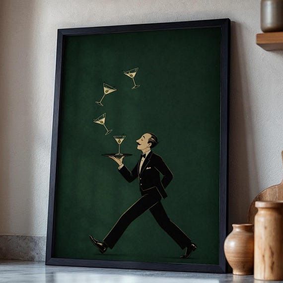 Martini Waiter Print Digital Download Emerald Retro Bar Printable Wall Art