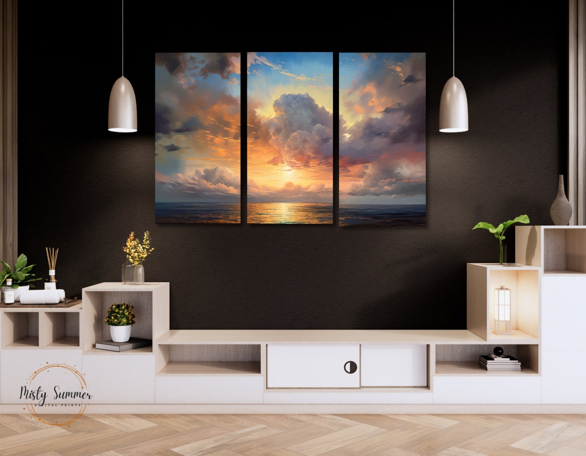 Ocean Sunset Clouds Triptych 3 Panel Seascape Canvas Nature Wall Art - Image 3