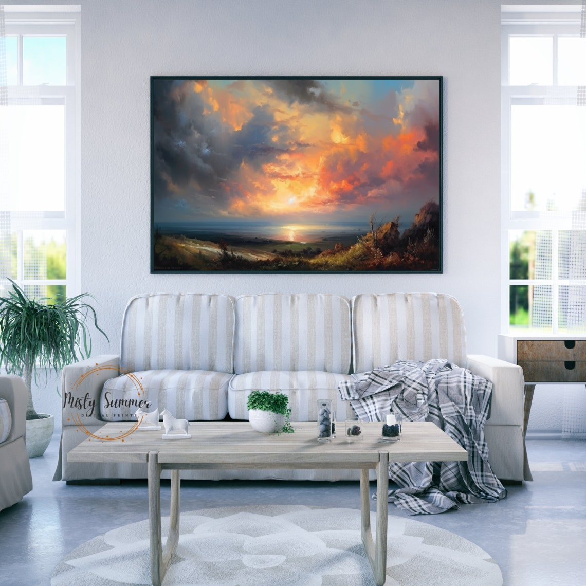 Dramatic Sunset Cloudscape Over Coastal Hills Impressionist Art Print - Image 2