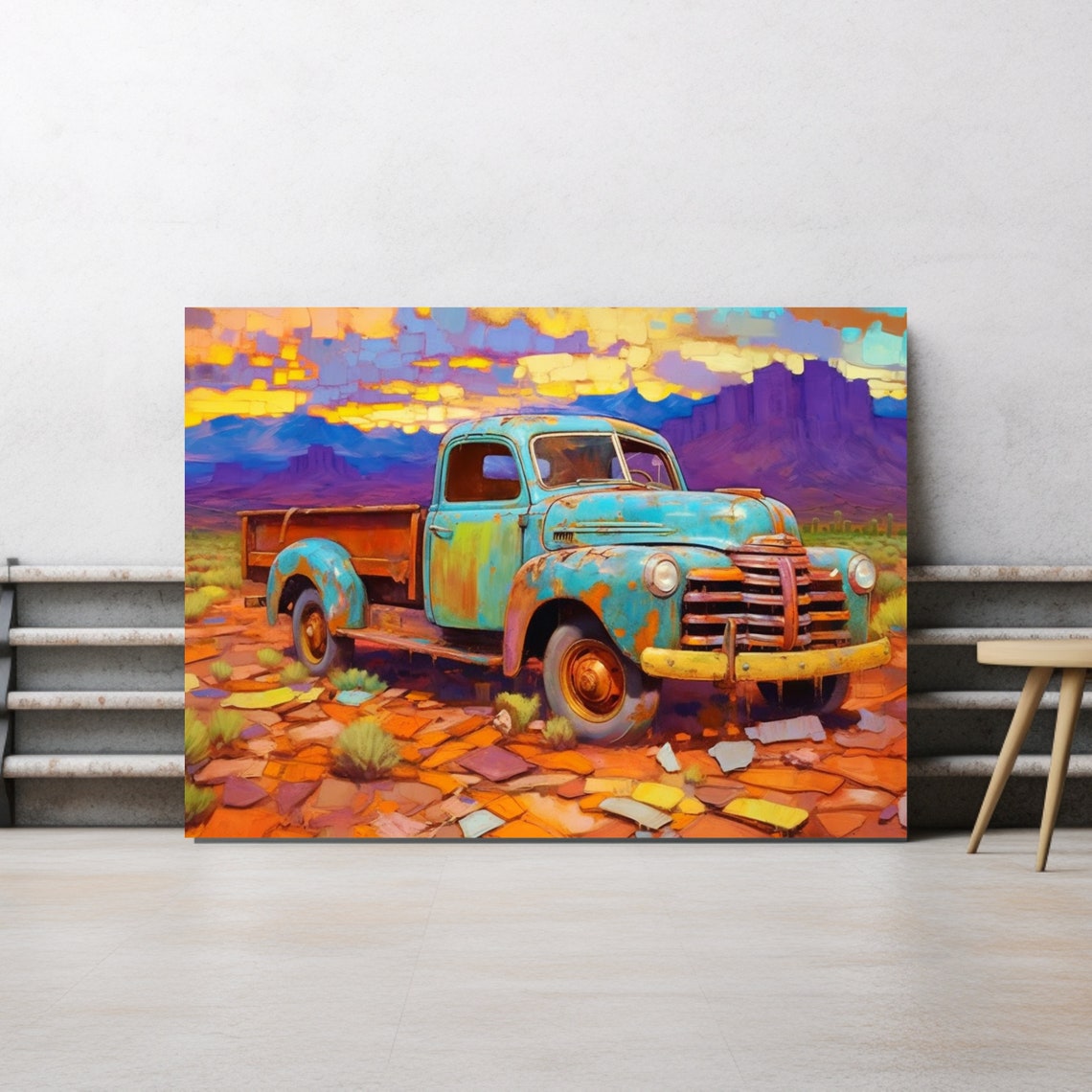 Impressionist Painting Print Truck In The Desert Beautiful Stretched Original Art Landscape Man Cave Bar Art Rustic Style Art - Image 4