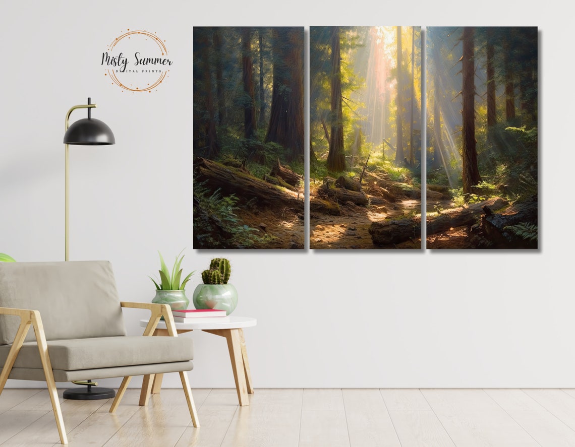 Sunbeam Forest Redwood Trees 3 Panel Canvas Triptych Nature Wall Art - Image 4