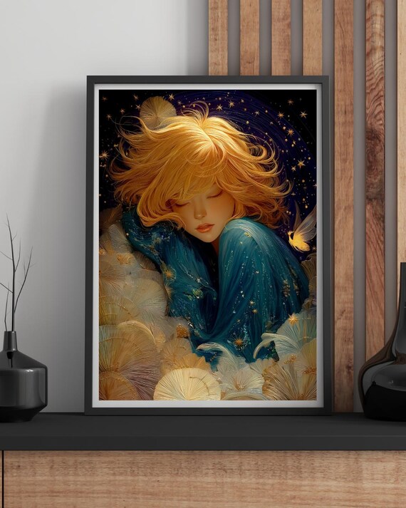 Golden Haired Girl Sleeping Starry Clouds Sweet Dream Night Print