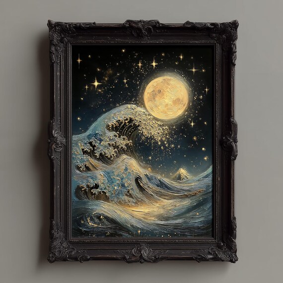 Moon Wave Wall Art Print Celestial Ocean Landscape Golden Full Starry Night Hokusai Inspired Navy Gold