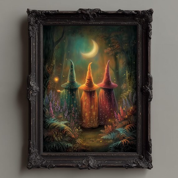 Three Cloaked Witches Gathered in a Mystical Forest Night Sky Poster