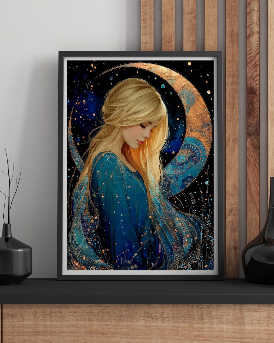 Blonde Goddess Crescent Moon Starry Night Flowing Gown Print