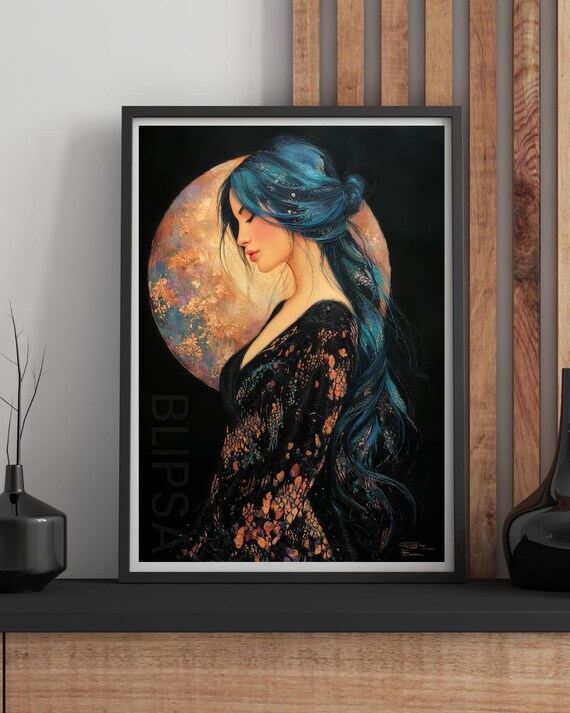 Teal Haired Woman Full Moon Black Lace Dress Night Portrait Print