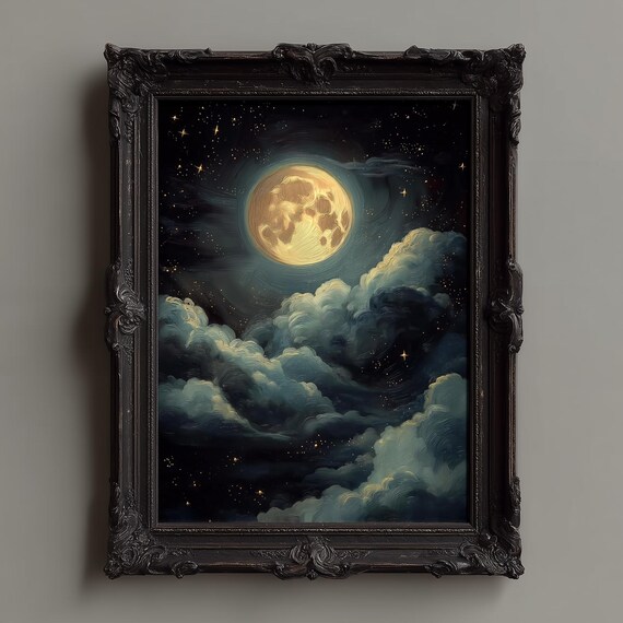 Golden Full Moon Glowing Over Teal Night Clouds Stars Poster