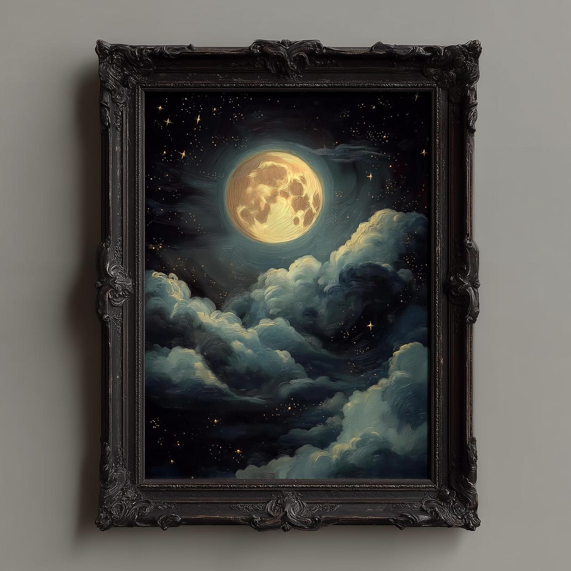 Golden Full Moon Glowing Over Teal Night Clouds Stars Poster