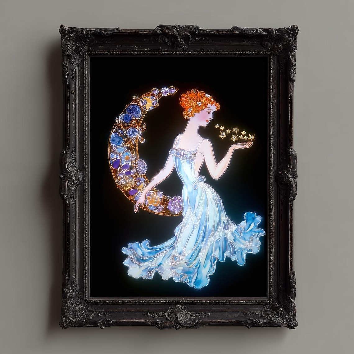 Art Nouveau Moon Goddess with Jeweled Crescent Sparkling Stars Poster