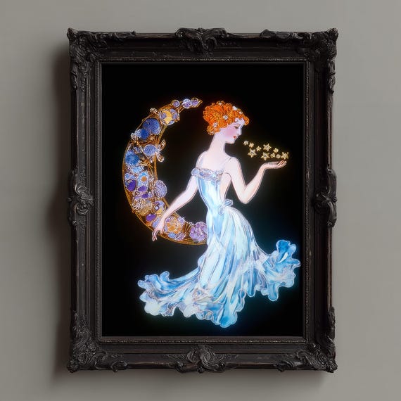 Glowing Art Nouveau Crescent Moon Vintage Celestial Goddess Print Sparkling Night Wall
