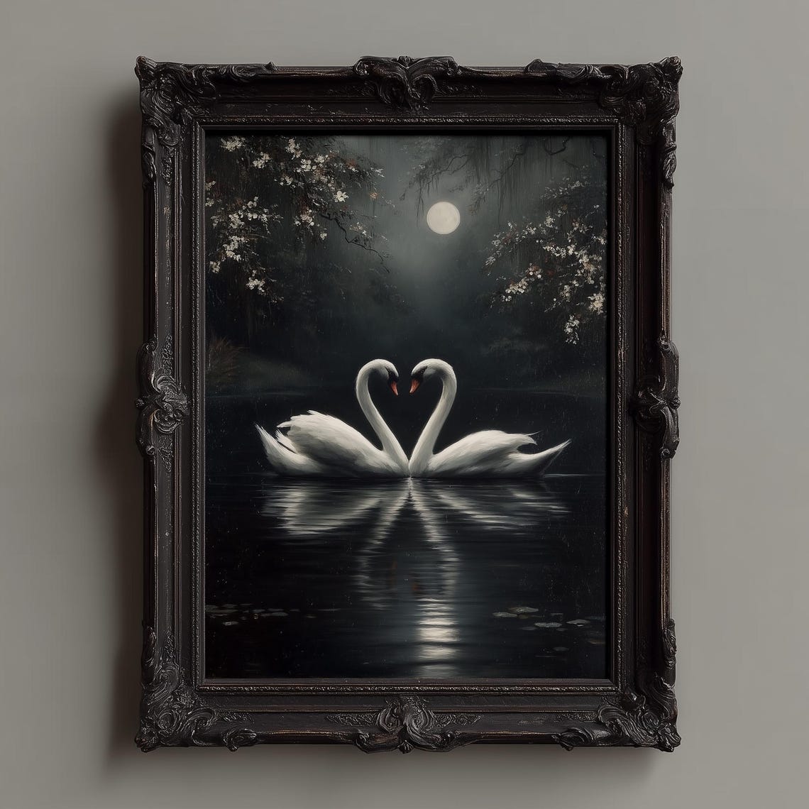 Two White Swans Forming Heart on Moonlit Lake Painting Poster