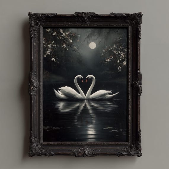 White Swan Print Romantic Wall Art Vintage Bird Illustration Gothic Decor Dark Academia Antique Lake Painting
