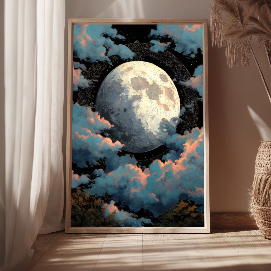 Full Moon Behind Clouds Textured Oil Painting Night Sky Art Print