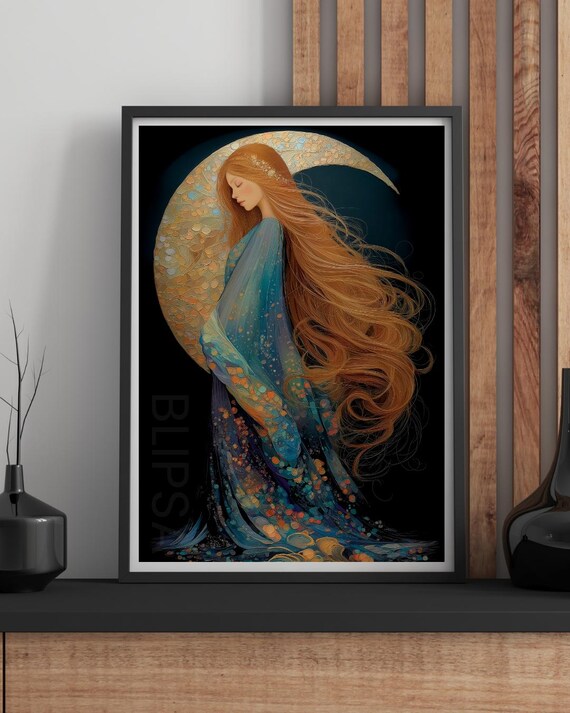 Red Haired Moon Goddess Crescent Moon Flowing Teal Gown Print