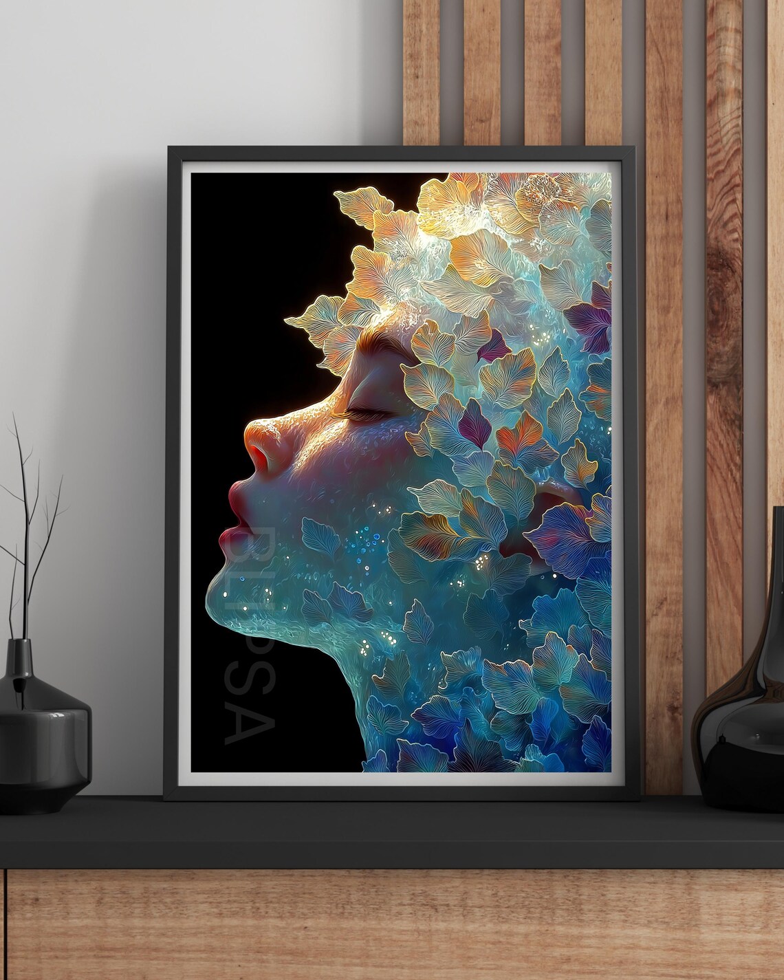 Woman of Leaves Double Exposure Luminous Fantasy Portrait Art Print