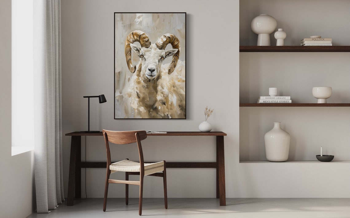 White Ram with Curled Horns Vertical Wildlife Portrait Wall Art - Image 3