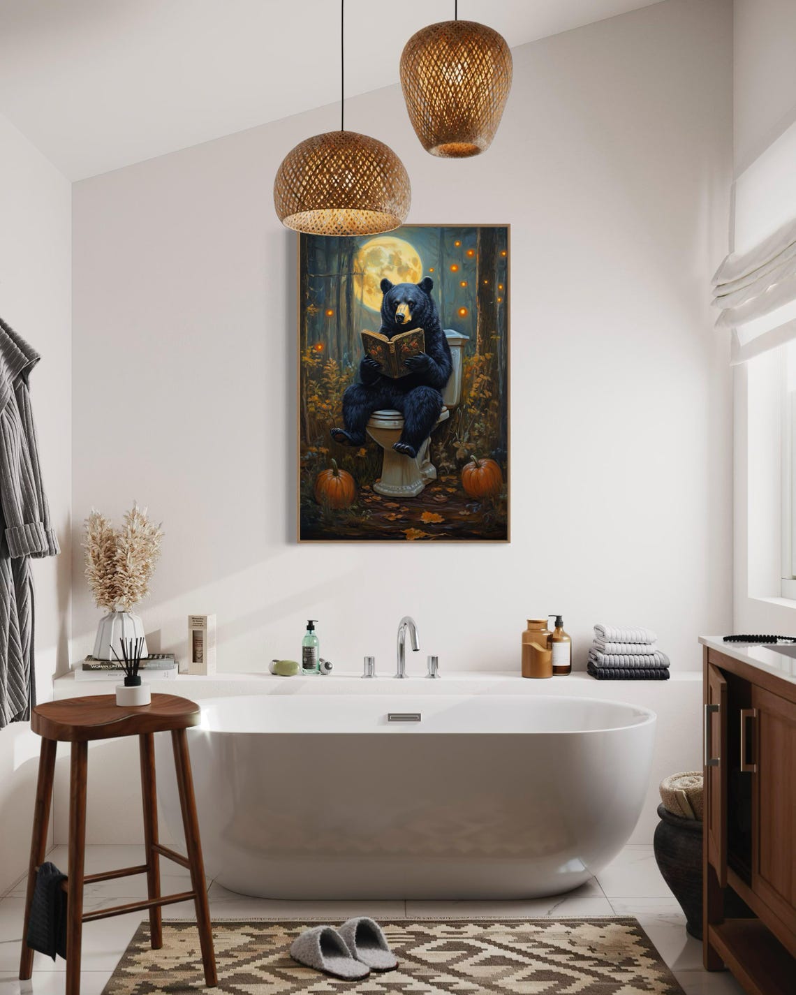 Whimsical Black Bear Reading Book On Toilet Moonlit Forest Funny Print - Image 5