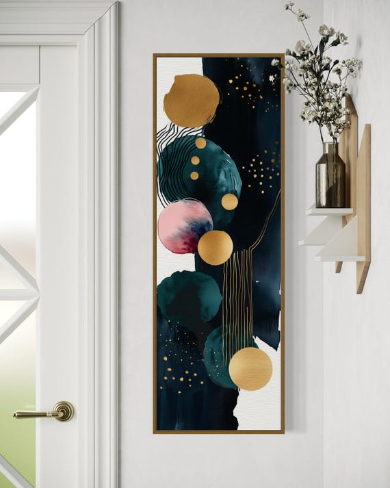 Modern Abstract Tall Vertical Print With Navy Green And Gold Accents Stylish Geometric Design For Trendy And Luxurious Spaces