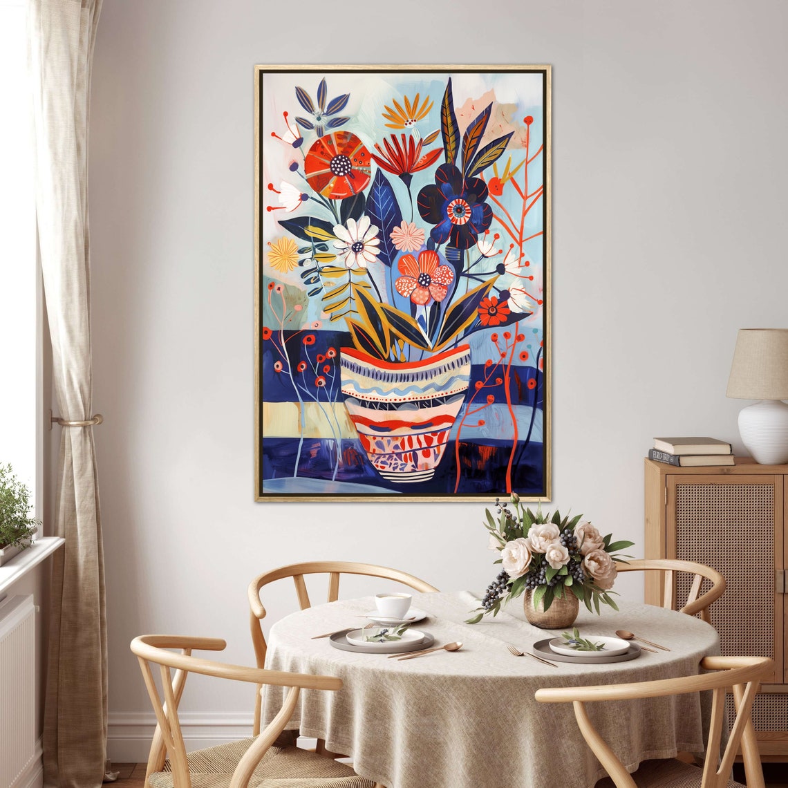 Folk Art Flower Bouquet Patterned Vase Red Blue Whimsical Wall Art - Image 3
