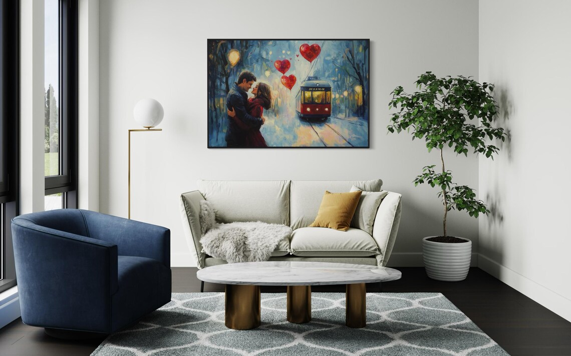 Romantic Couple Heart Balloons Snowy City Tram Night Love Art Poster - Image 3