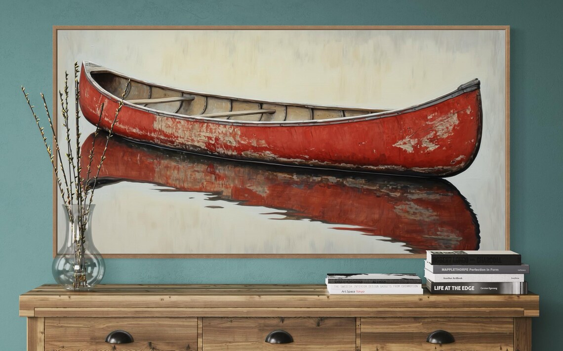 Vintage Red Canoe Rustic Wall Decor Art Print