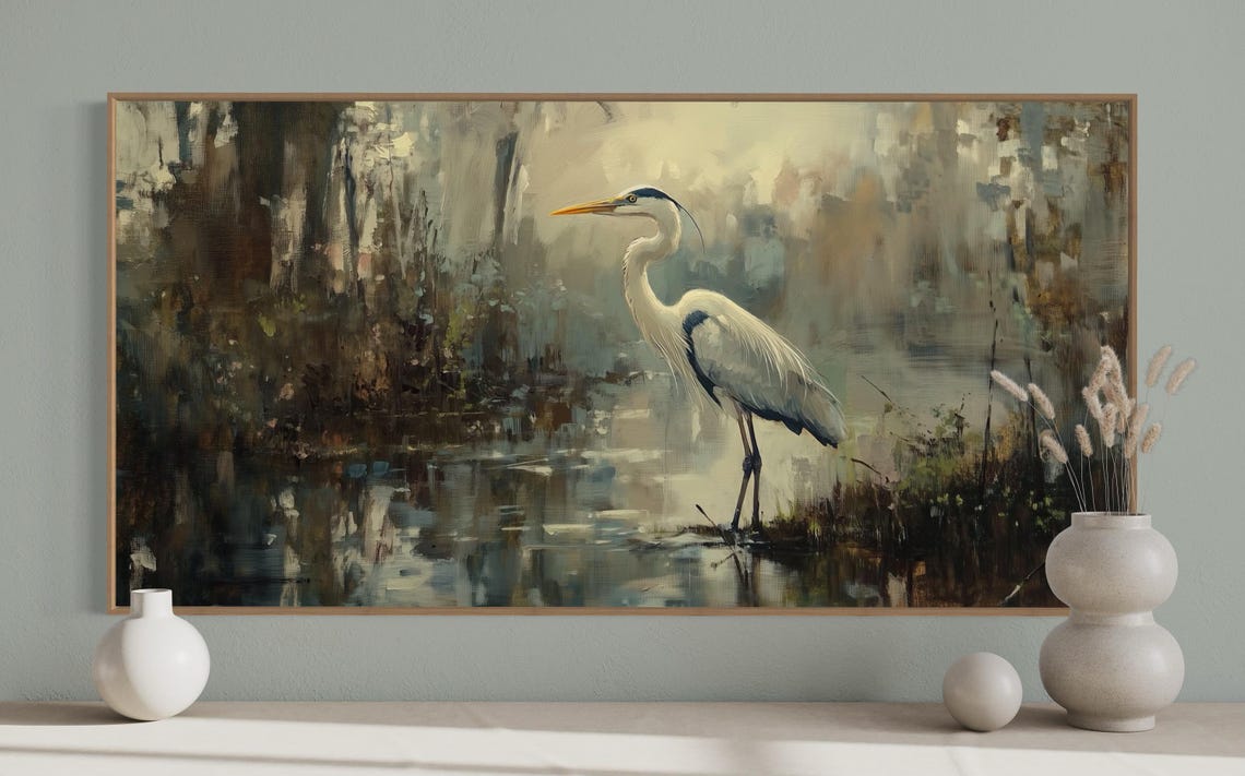 Blue Heron Moody Marshland Muted Tones Elegant Bird Wall Art Print - Image 3