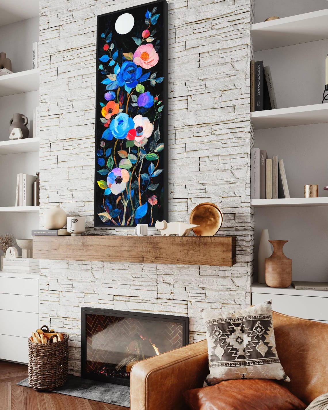 Moonlit Floral Night Tall Vertical Abstract Flower Black Print - Image 2