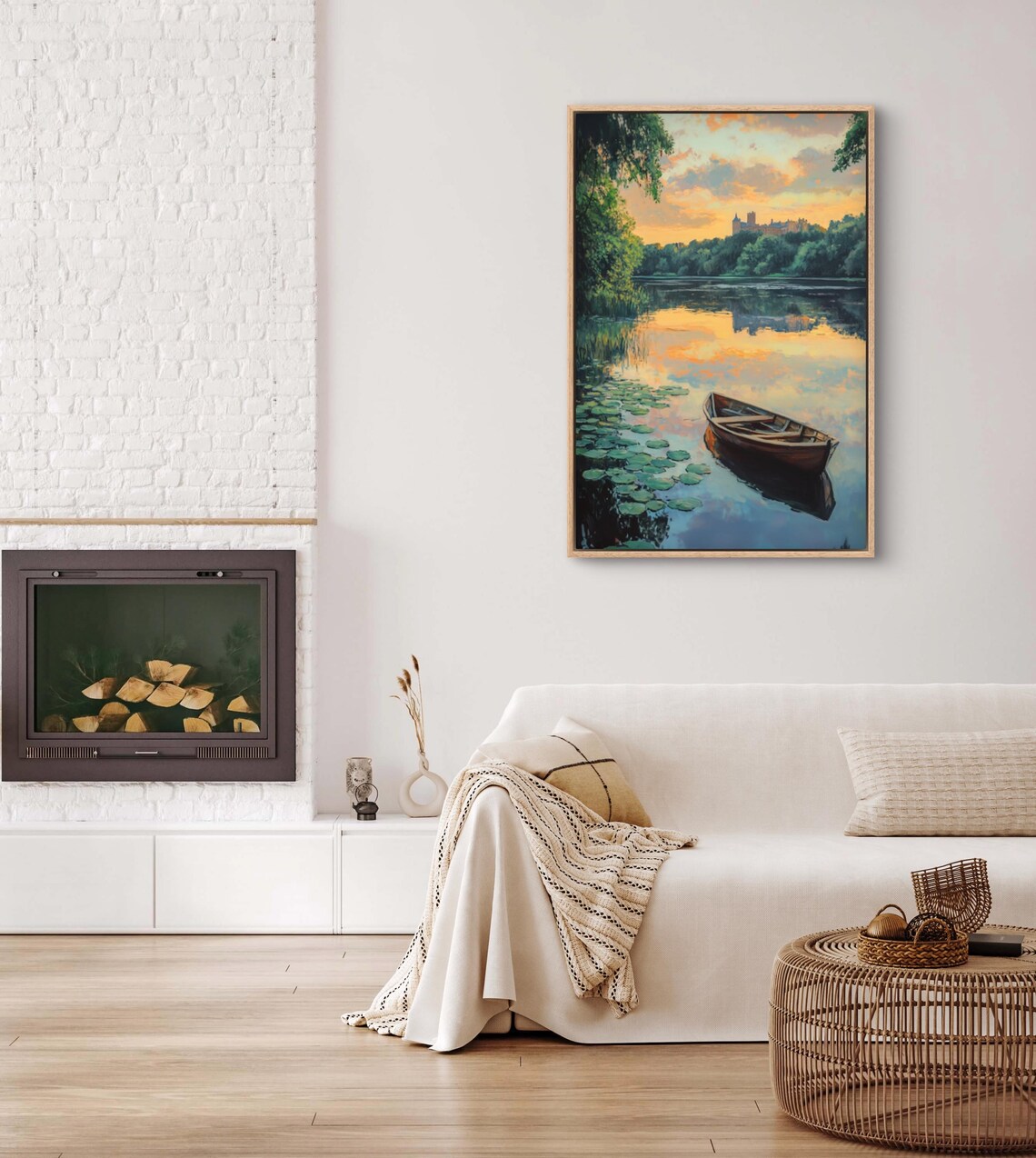 Sunset Boat Lakeside Art Print, Cottagecore Decor - Image 2