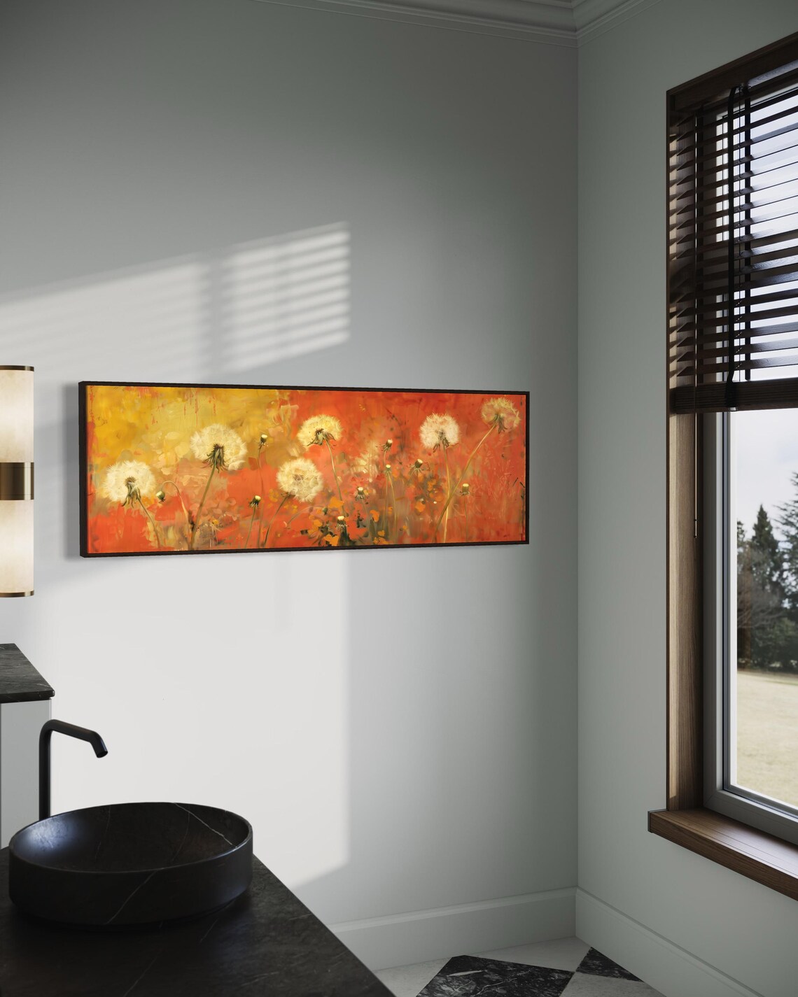 White Dandelion Seed Heads Fiery Orange Panoramic Summer Wall Art - Image 3