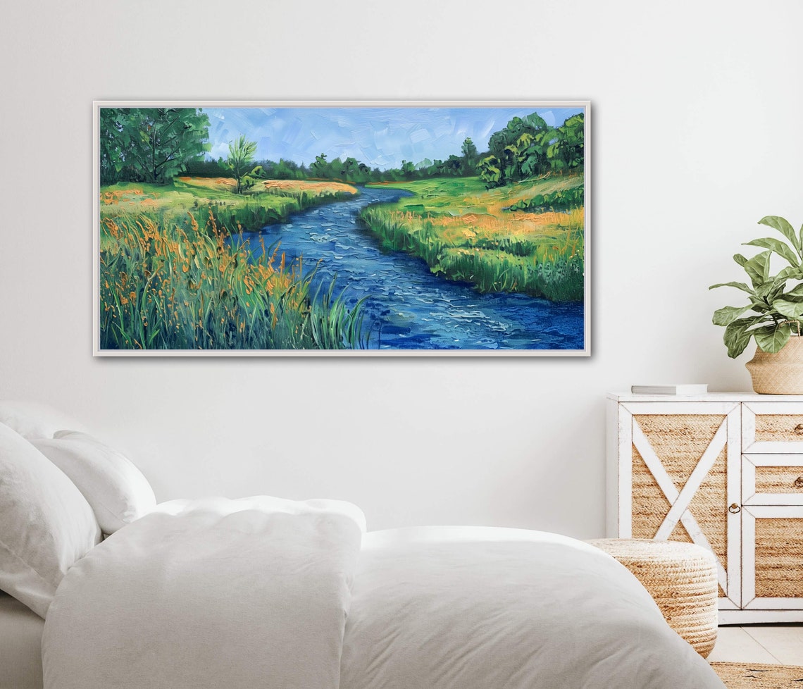 Emerald Green Meadow River Panoramic Peaceful Nature Art Poster - Image 4