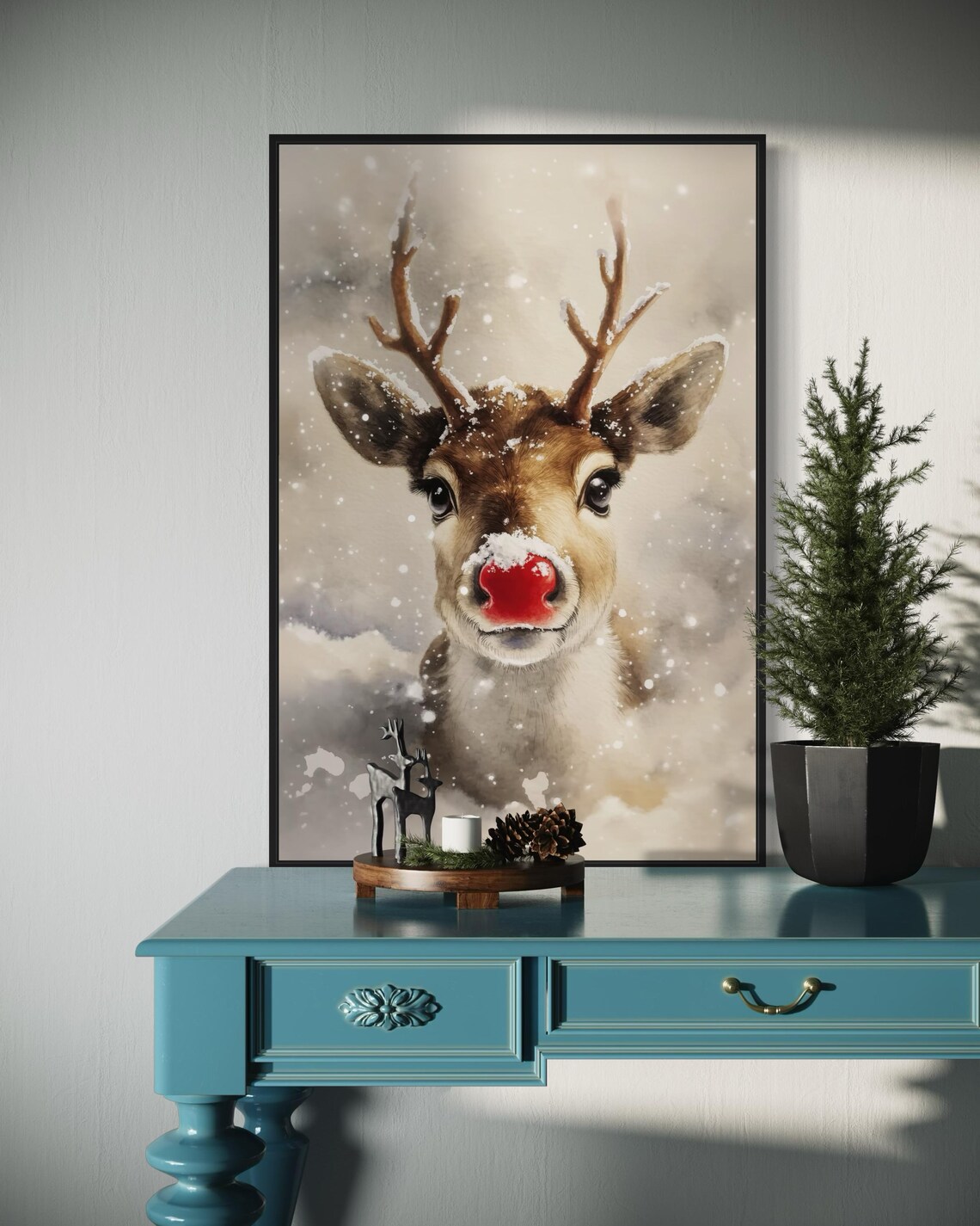Reindeer Red Nose Snowy Winter Cute Holiday Christmas Animal Poster - Image 4