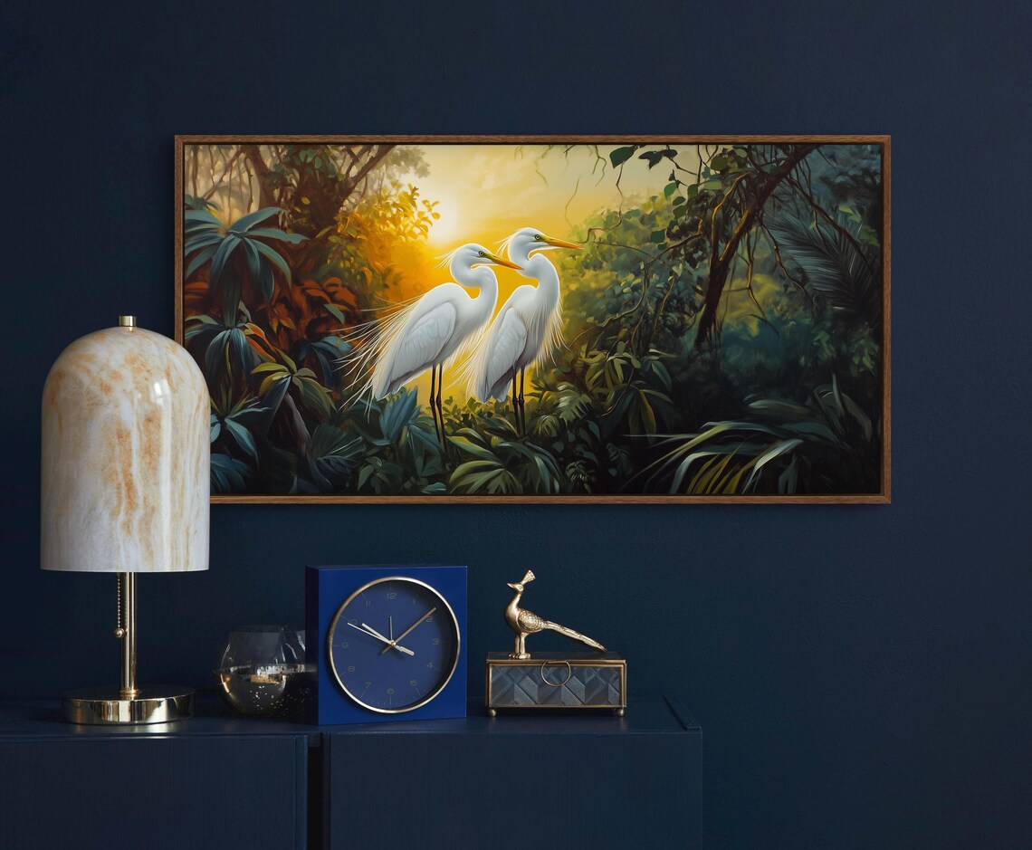 Tropical Egret Art Print, Jungle Wildlife Sunset
