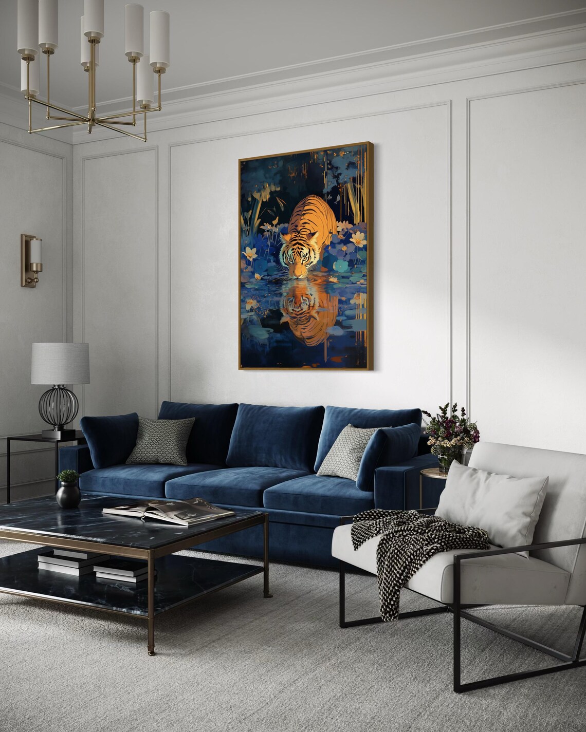 Bengal Tiger Drinking Jungle Pond Golden Reflection Night Floral Art Poster - Image 3