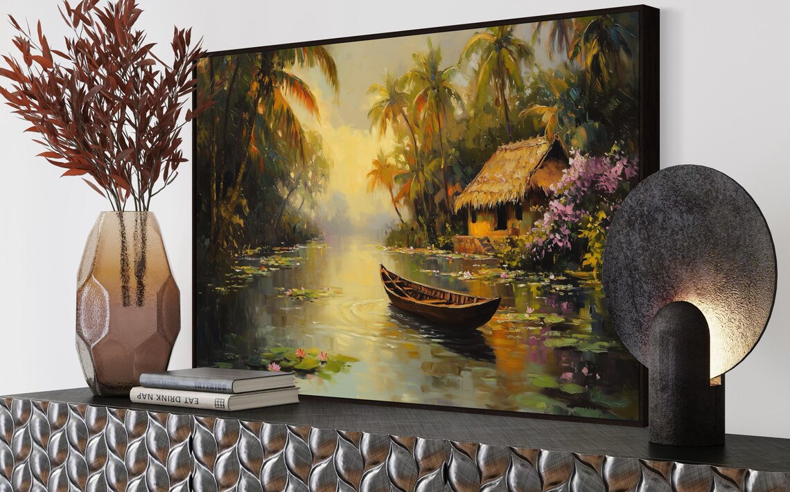 Tropical Sunset River Boho Jungle Canoe Art Print - Image 4