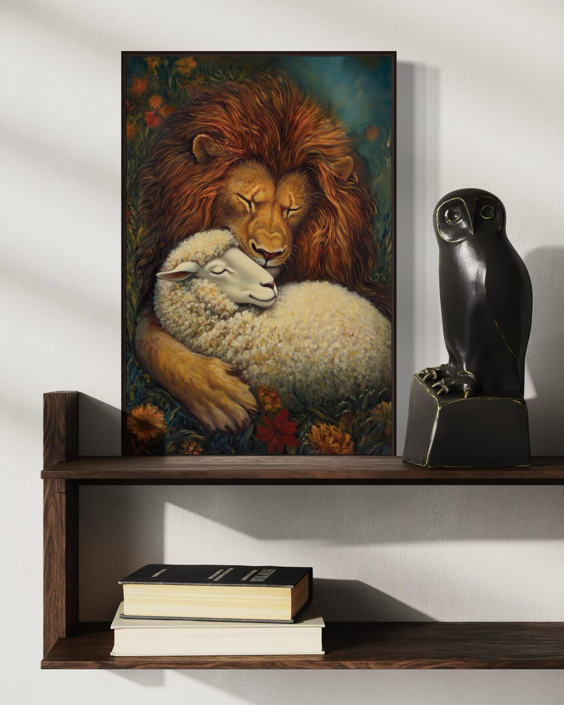 Lion And Lamb Embrace Symbolic Harmony Warm Floral Spiritual Wall Poster - Image 3