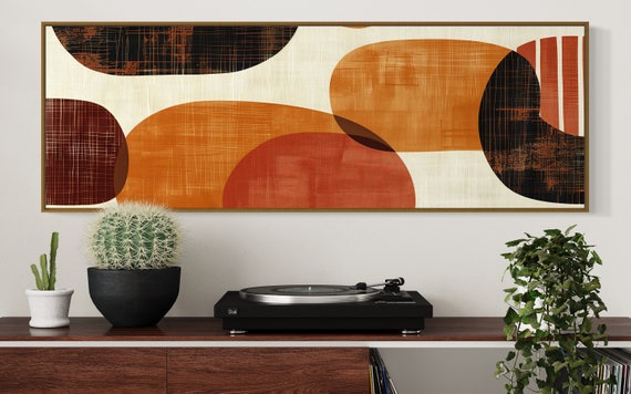 Geometric Abstract Shapes Panoramic Print Mid Century Earth Tone Wall Art For Long Narrow Wall And Above Bed Decor
