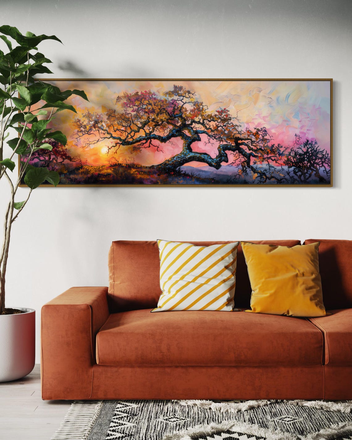 Gnarled Old Oak Tree Colorful Sunset Sky Panoramic Landscape Poster - Image 2