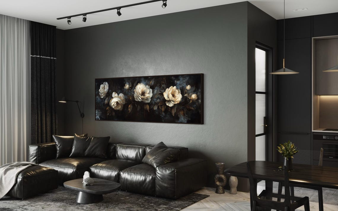 Moody Botanical Art Print Dark Floral Panoramic Wall Art For Above Couch And Bed Decor In Elegant Neutral Tones - Image 3