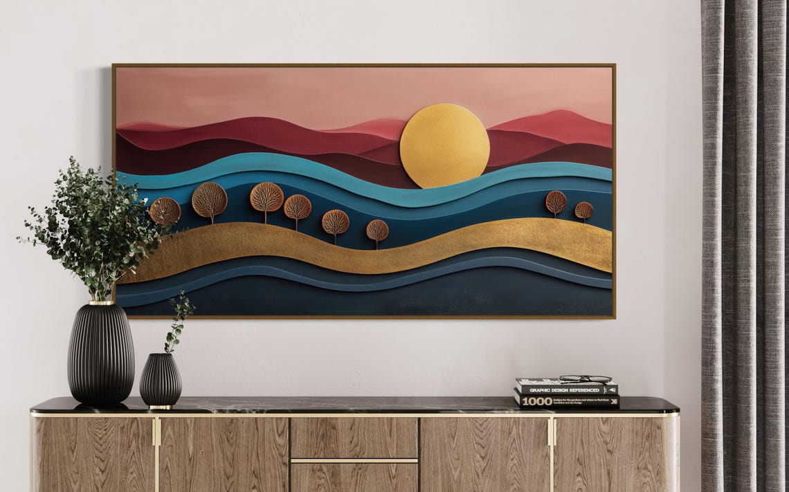 Pink Sunset Abstract Waves Layered Boho Panoramic Modern Wall Poster